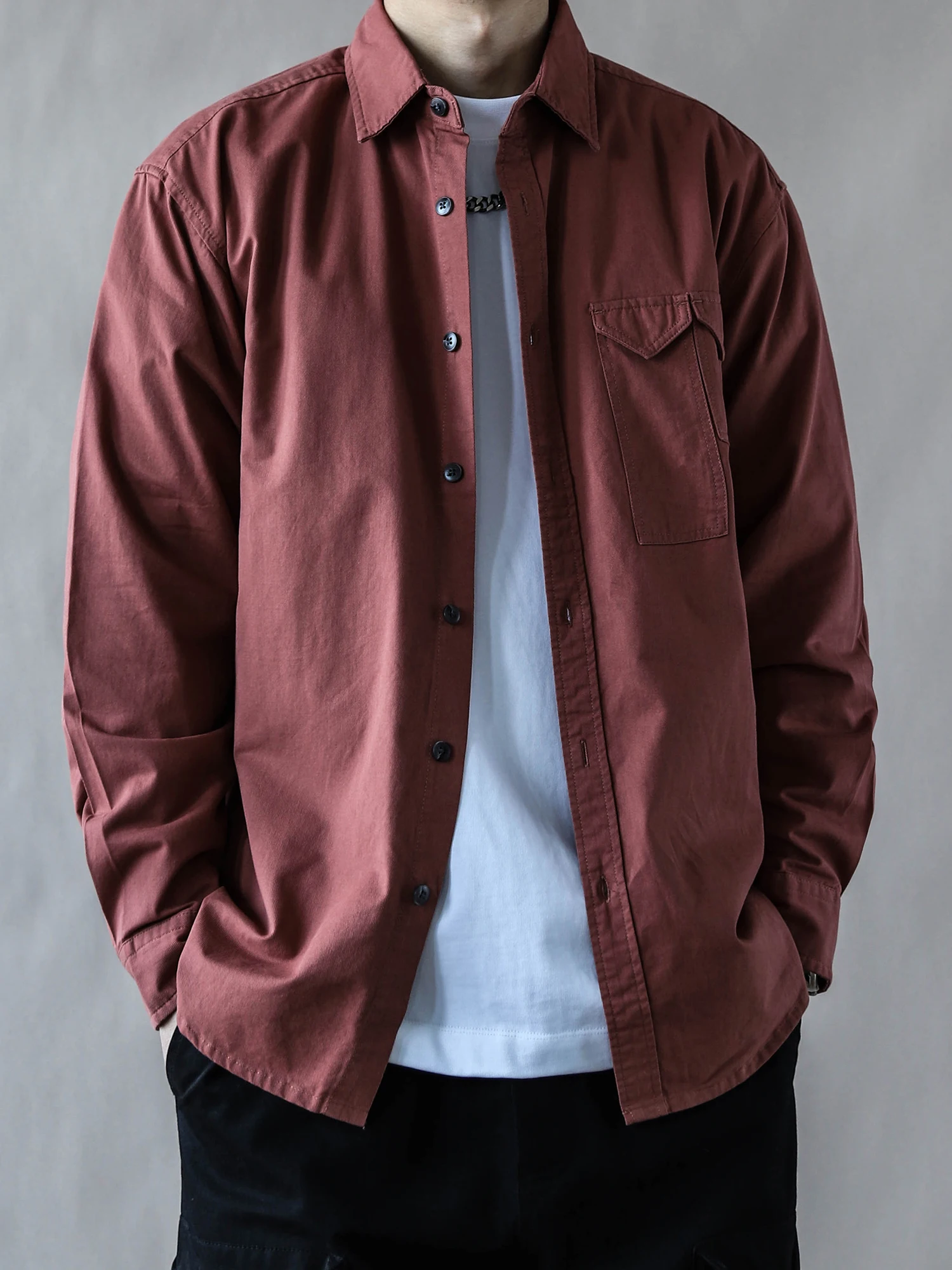 

American Retro Heavyweight Men's irt Spring Autumn Loose Casual Collar Long Sve Waed Cotton High-End Feeling Red