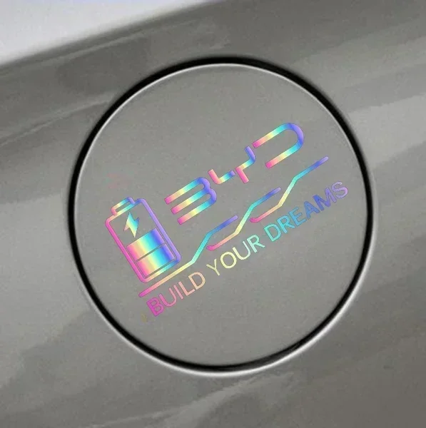 New Fun BYD Build Your Dreams Car Decal, Holographic Laser Battery Vinyl Sticker for Car Window Fuel Tank Auto Decoration Access