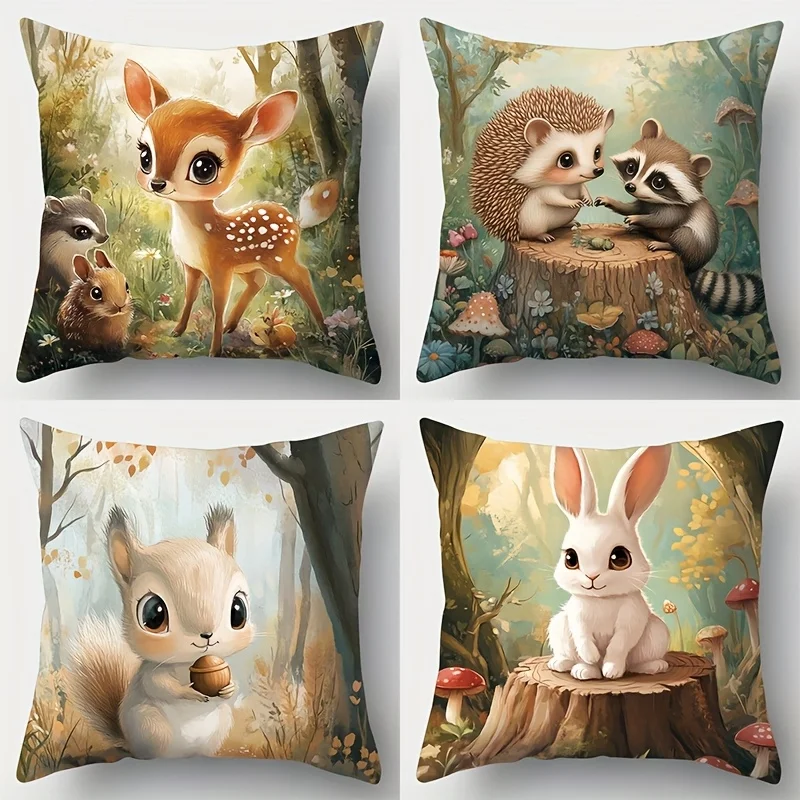 4Pcs Cute Forest Animal Pillow Covers 45x45cm Double-sided Printed Cushion Cases Deer Squirrel Rabbit Home Decor Throw Pillows