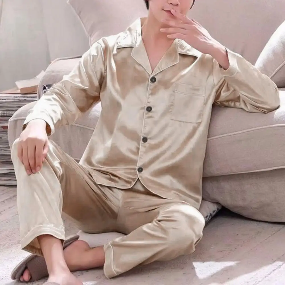 1 Set Comfortable Male Pajamas Ice Silk Men Pajamas Set Solid Color Relaxed Fit Buttons Pajamas Set Home Wear