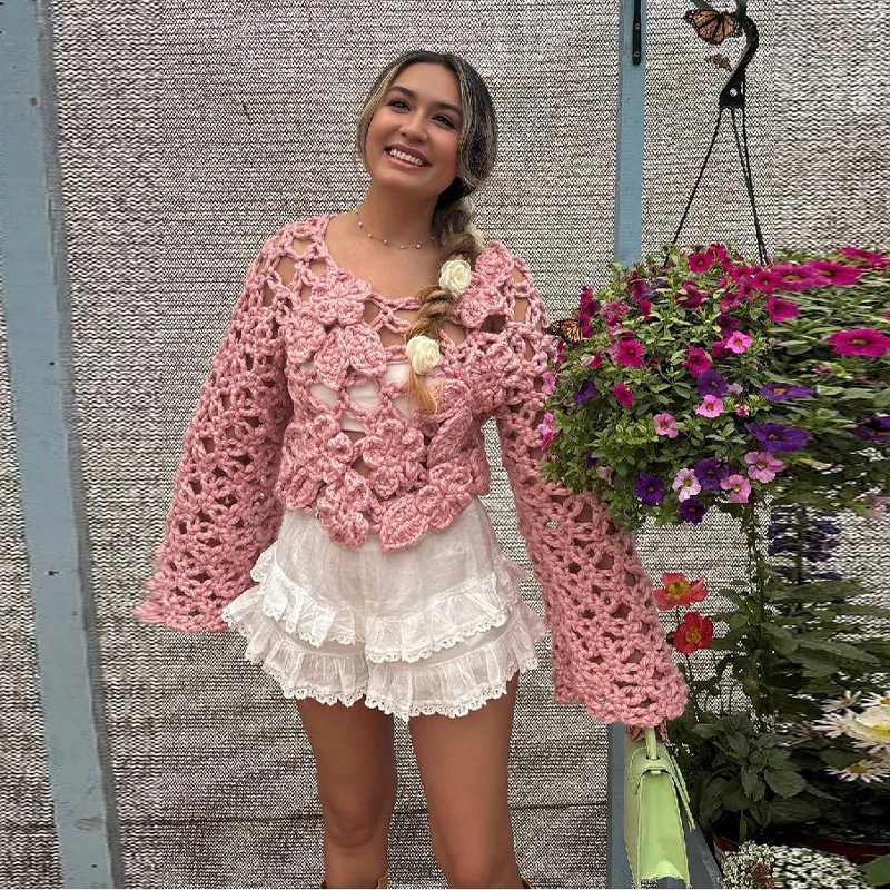 

Knit Flower Pink Women's Sweater Autumn Hollow Out V-neck Long Sleeve Female Pullover 2025 Fashion Thin Lady Loose Knitwear