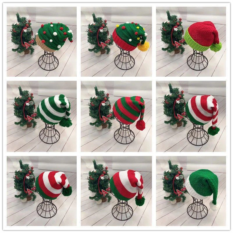 

New Knitted Woolen Christmas Hat with Elastic Holiday Party Dressing Hat Adults Children Handmade Splicing Creative Decoration