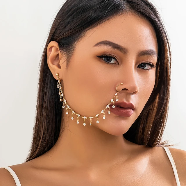PuRui Bohemia Nose Ring Stud Earrings Rhinestone Tassel Chain Connecting Nose Clip for Women Fake Nostril Piercing Party Jewelry AliExpress 36