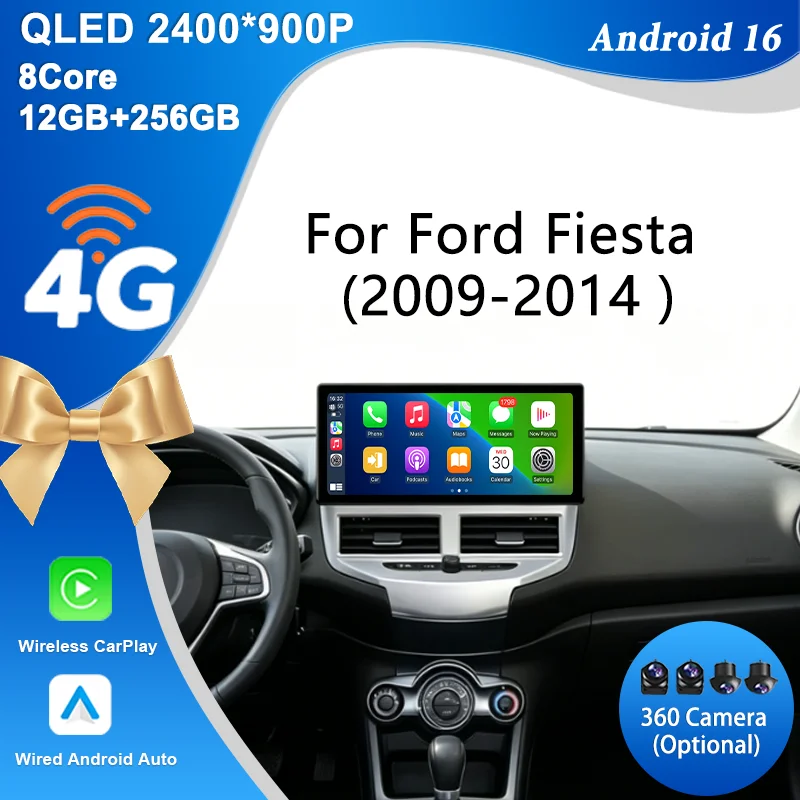 Für Ford Fiesta 2009-2014 12,3-Zoll-Android-16-Multimedia-Einheit mit QLED-Display, GPS, BT, 4G, WLAN, DSP, Unterstützung für CarPlay und Android Auto Funktionen