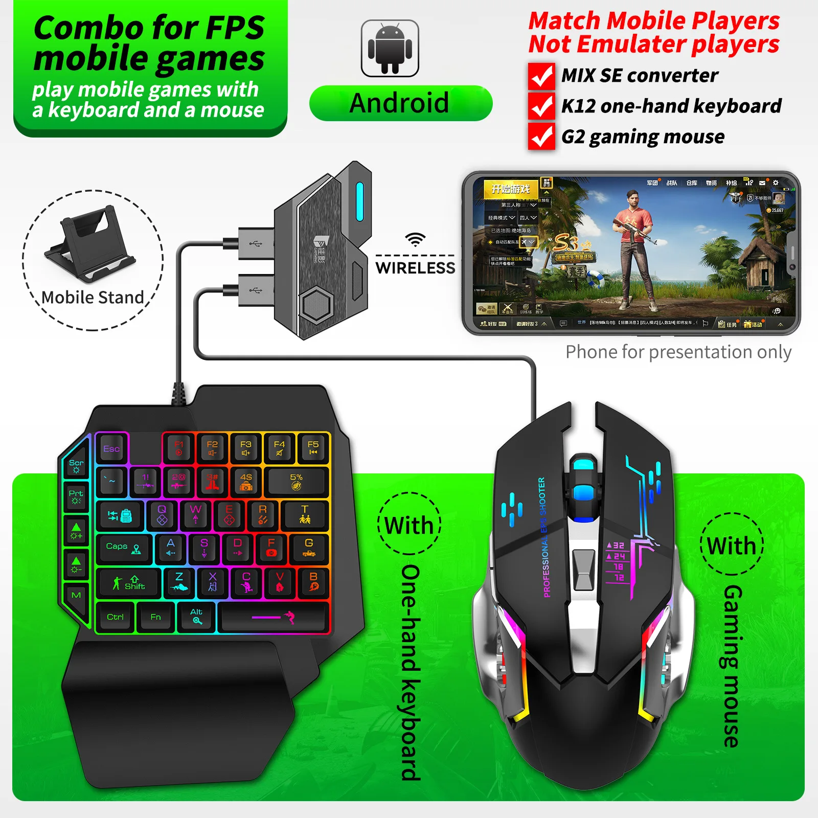 Kit Mobilador Gamer Kit Mobile Games Converter Keyboard Mouse 5 In 1 Kit One Hand Gaming Keyboard Adapter Controller PUBG Mix SE