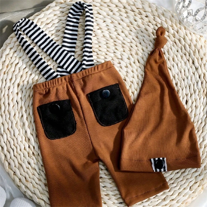 Q0KB Stylish and Comfortable Newborns Striped Pants & Matching Hat Baby Photography Overalls Perfect for Baby Photoshoots