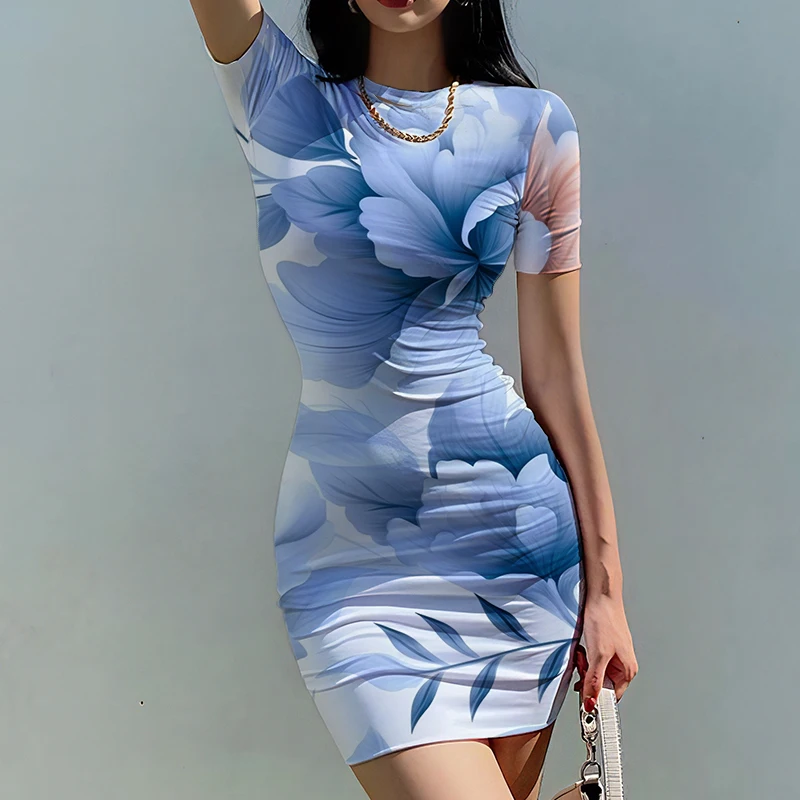 Summer new lady slim dress flower 3D printed lady dress beautiful style ladies slim dress fashion trend lady slim dress