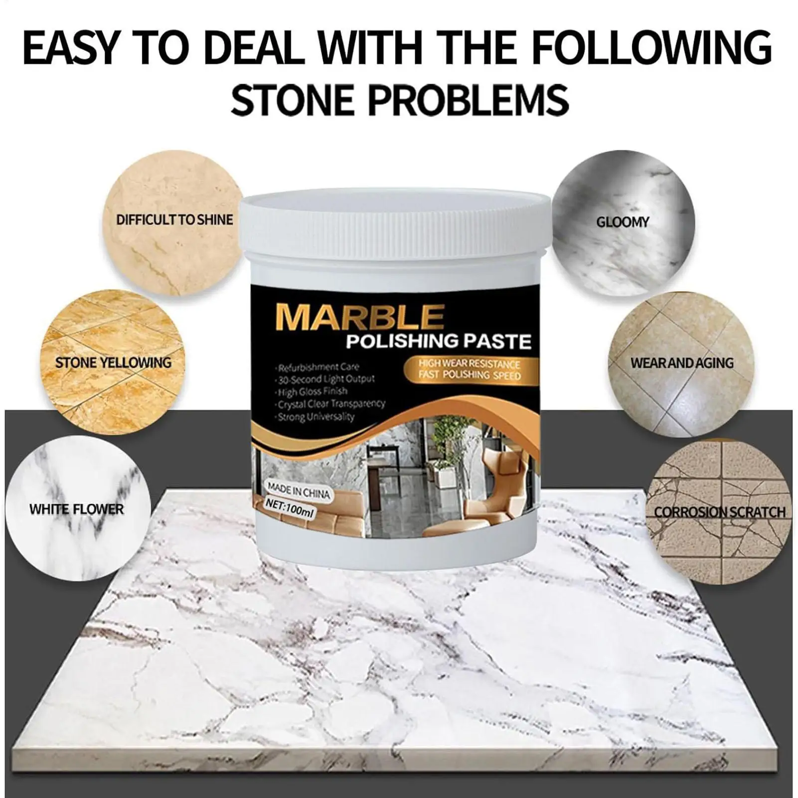 Pasta de polimento de mármore 100ml, telha de chuveiro, limpador de pedra de mármore, removedor de manchas de pedra para vidro, cozinha, comercial, banheiro doméstico