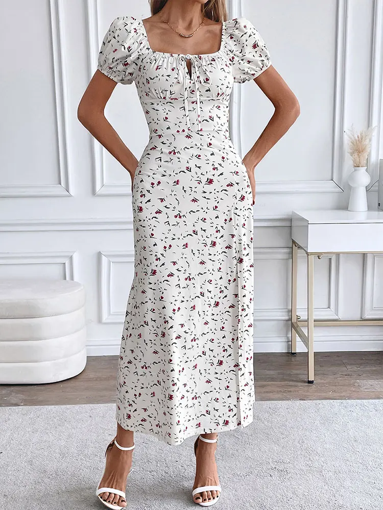 Summer Women's Dresses New Fashion Print Short Sleeve Split Casual Slim Dress Club Party Elegant Lady Hollow Out Dress Clothing