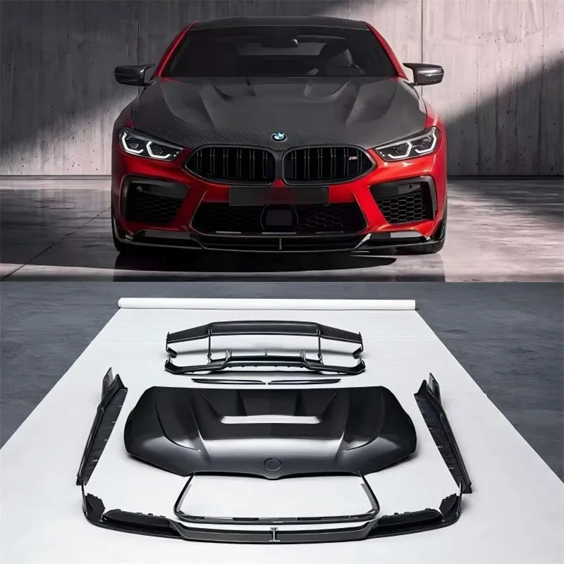 For BMW M8 F91 F92 F93 Real Dry Carbon Fiber Bumper Front Lip Rear Diffuser Side Skirts Tail Wing Engine Hood Cover Splitter Kit