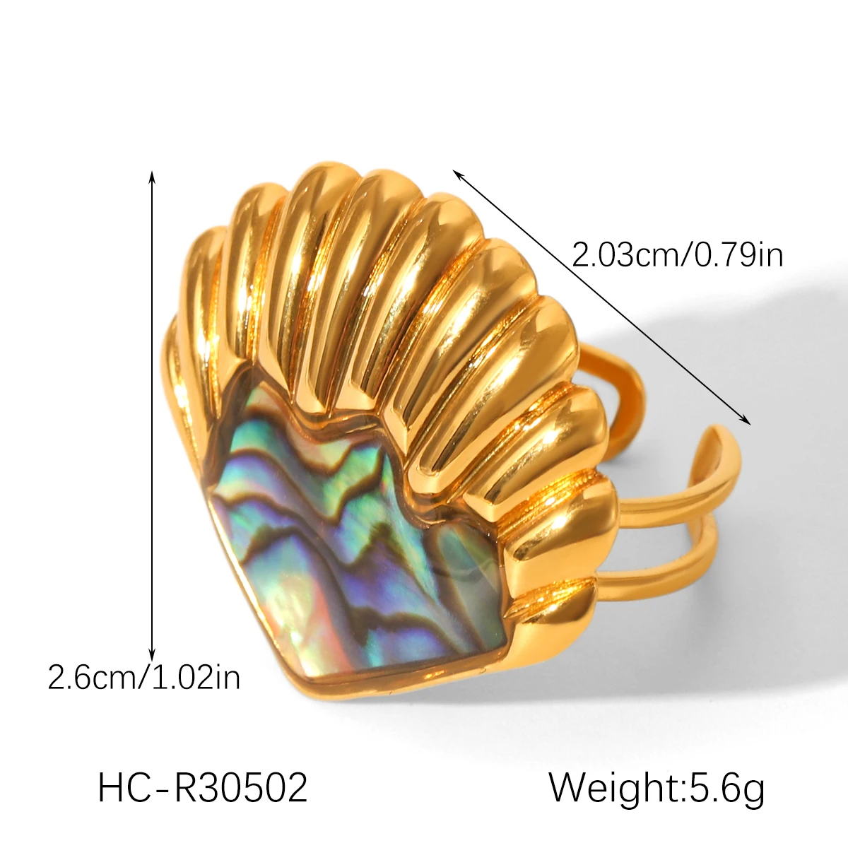 18K vergoldetes Abalone-Muschel-Schmuckset für Damen, Edelstahl-Muschel-Creolen, verstellbarer Ring, Sommer-Strandschmuck – Detail 4