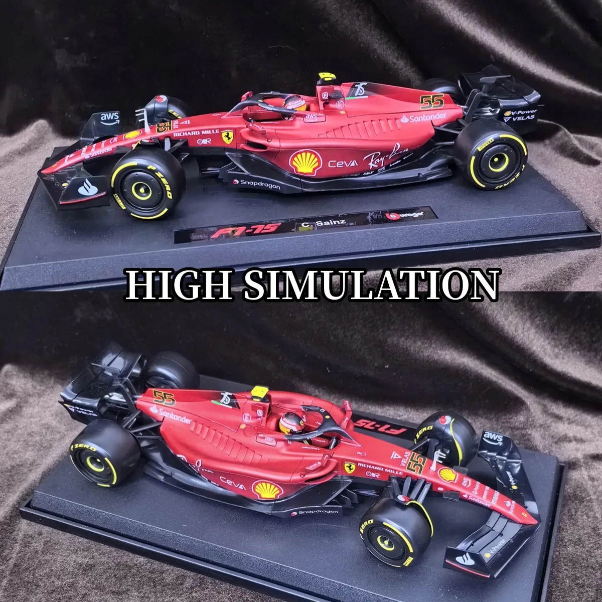 ببوراجو 1:18 سكوديريا فيراري F1-75 # 55 نموذج سيارة Sainz F1، تركيبة المقياس 1 لعبة هدية عيد الميلاد المصغرة للأطفال #4