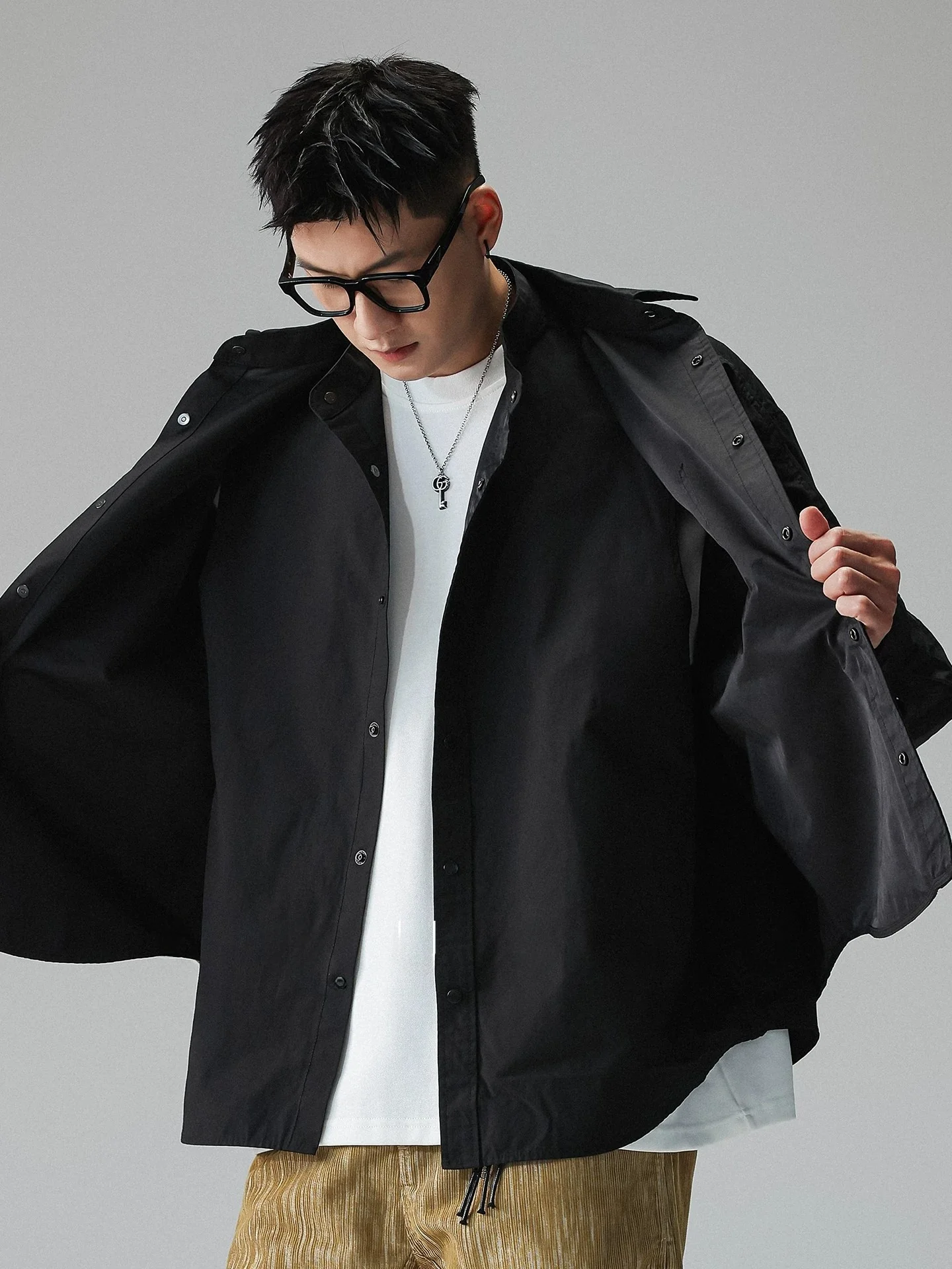 American Style Casual Loose Long Sleeve Shirt Men's Spring Autumn Loose Shirt Jacket Fake Two-Piece Pleated Pattern