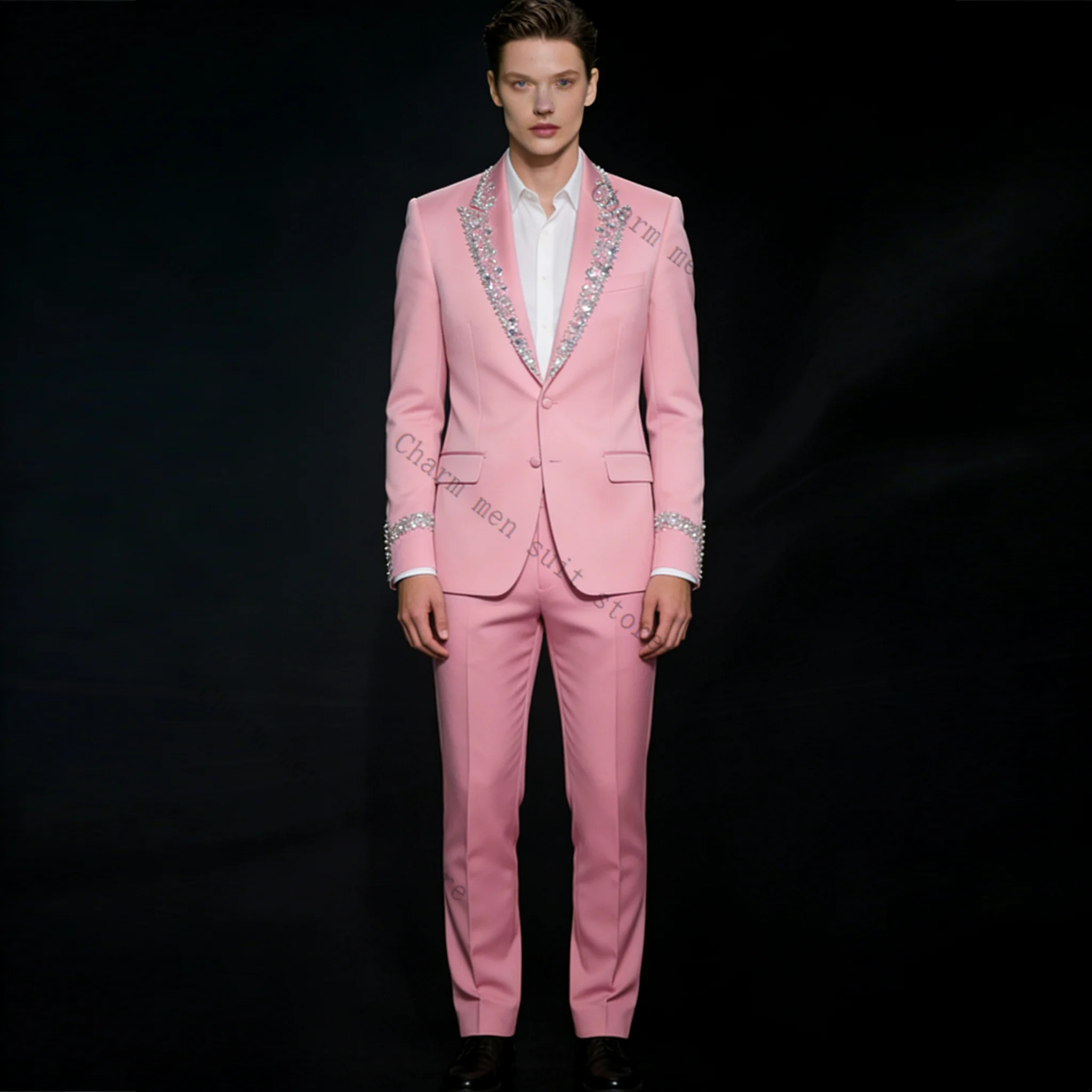 Glitter Pink Crystals Men Suits Set 2 Pcs Blazer+Pants Trousers Luxury Wedding Tuxedo Formal Office Business Groom Jacket Coat