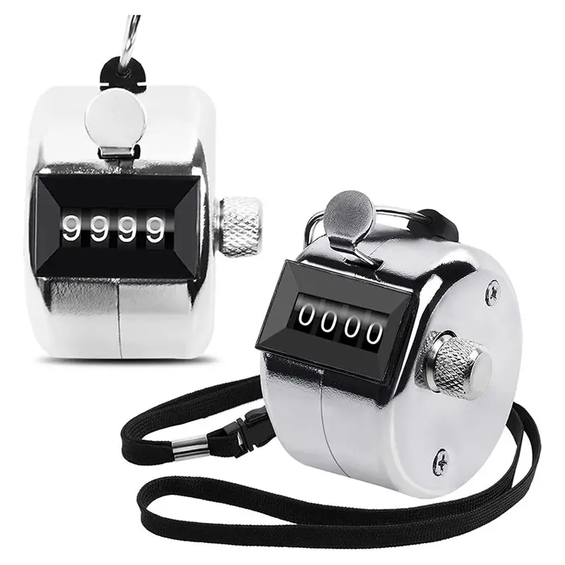 AEF6-2 Pack Metal Hand Counter Four-Digit Counter With Lanyard Silver Counter Click Counter Handheld Click Counter