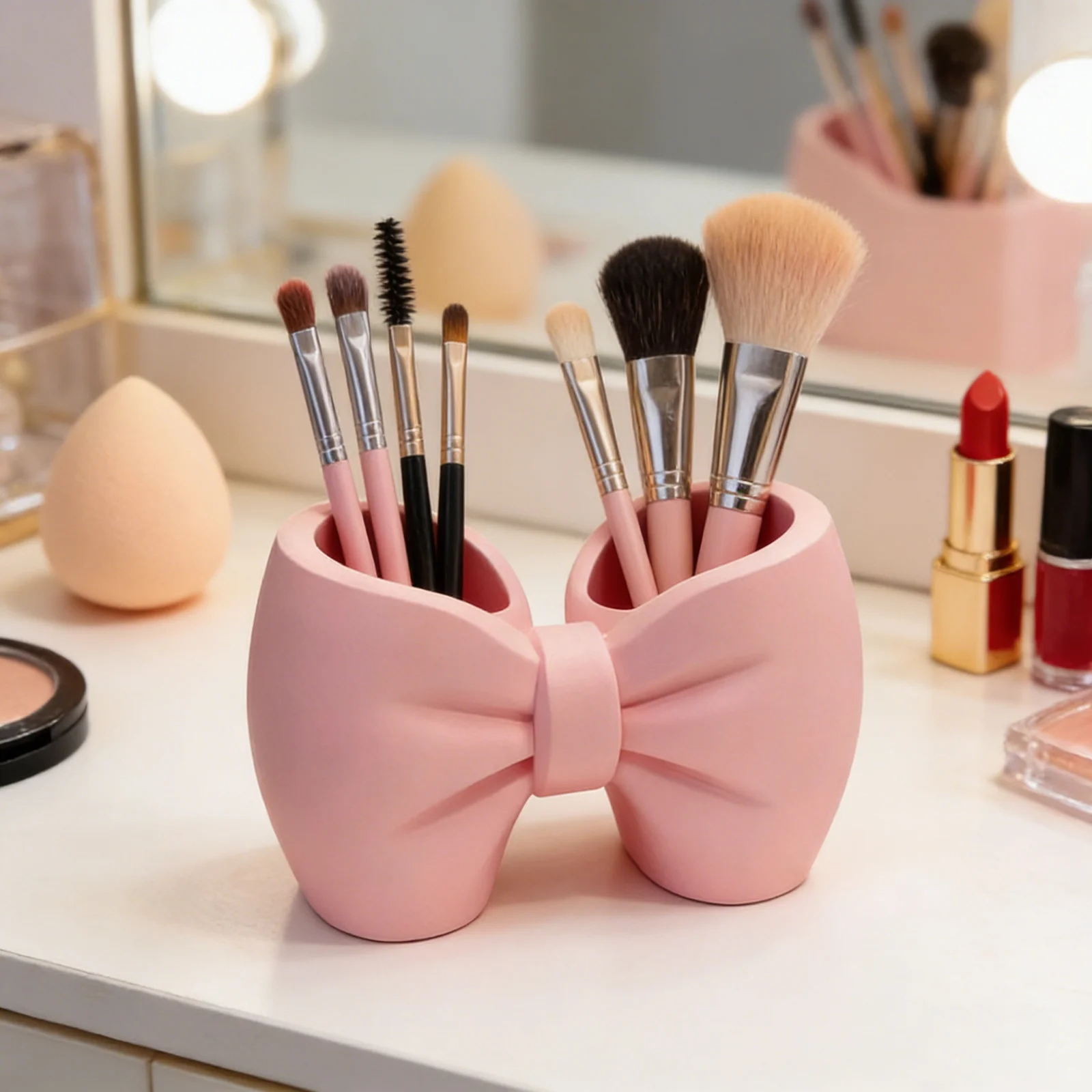 3D Printed Bow Shape Toothbrush Holder Cute Plastic Makeup Brush Rack Bathroom Storage Double-Basin Toothpaste Organizer