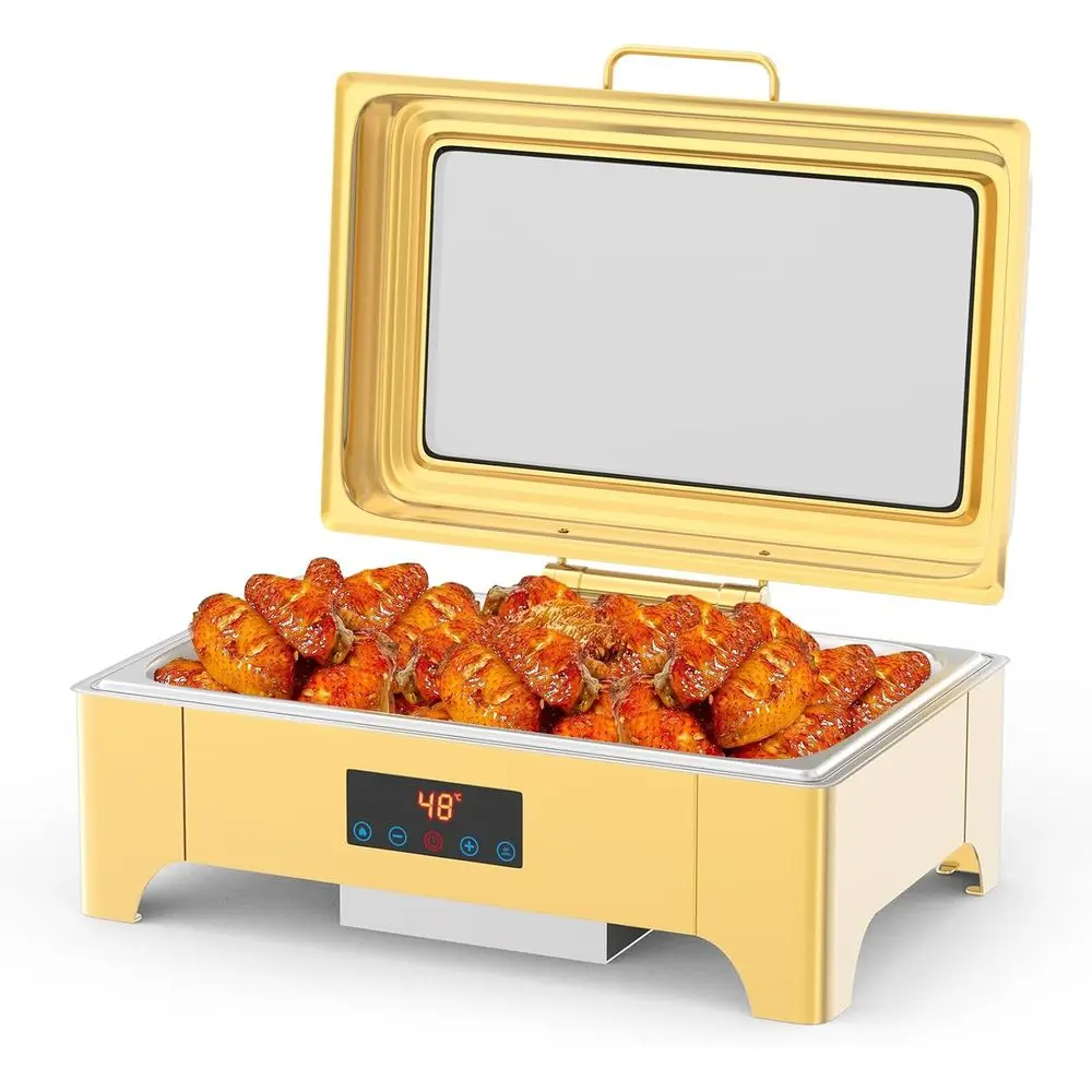 

Gold Electric Buffet Warmer with Touch Screen, 1 Chafing Dish & Glass Lid for Parties & Events