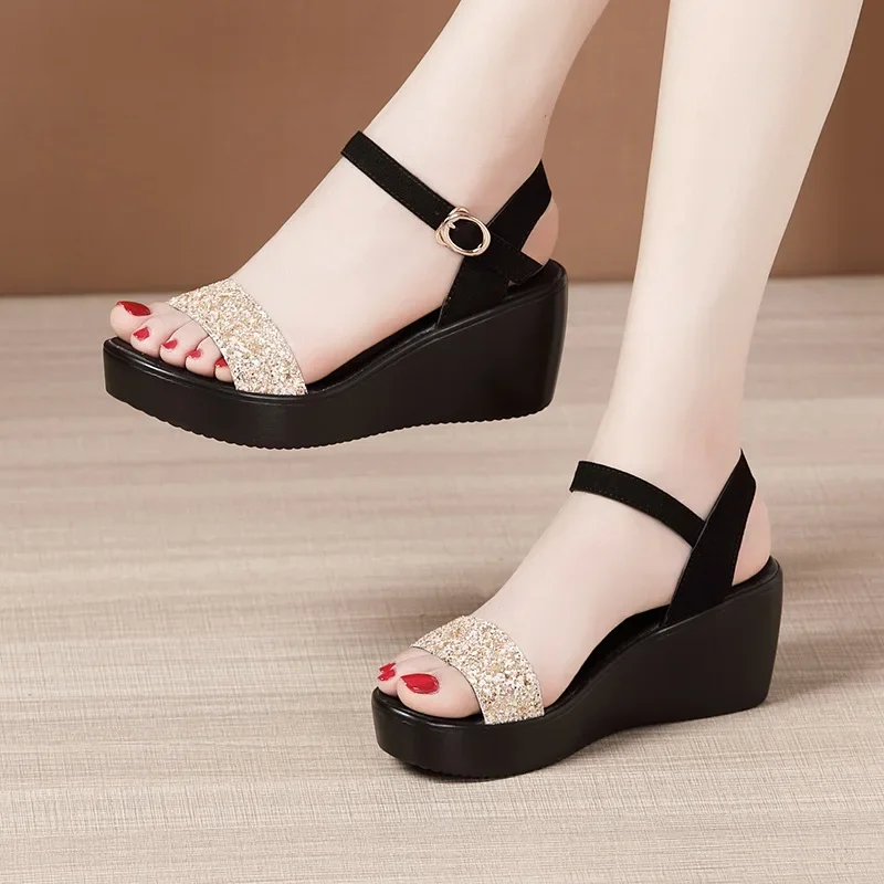 

Summer Thick Bottom High Heel Women Shoes Size 33-43 Black Roman Wedges Heel Platform Women's Sandals Beach Shoes Open Toe Shoes