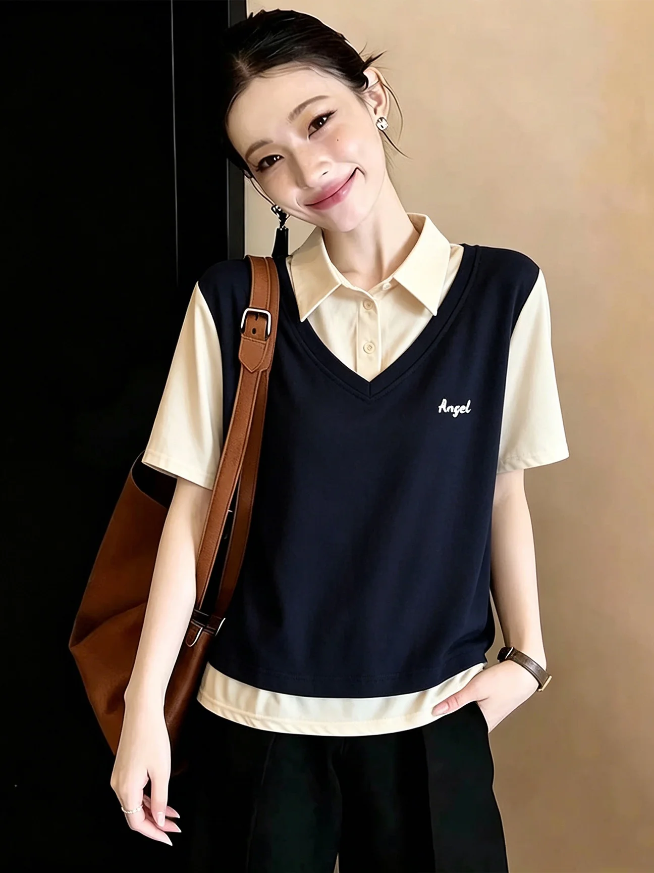 

Summer New plus Size Women's Shirt Casual Style School Style Belly Covering Splice Top Korean Version Breathable Skin-friendly