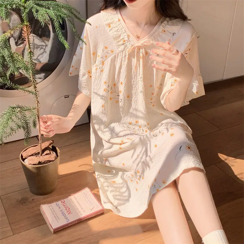 Summer Women Sleepwear Kawaii Nightgown Night Gown Print Short Sleeve Loungewear Loose Birthday Party Dresses Pajamas Japanese