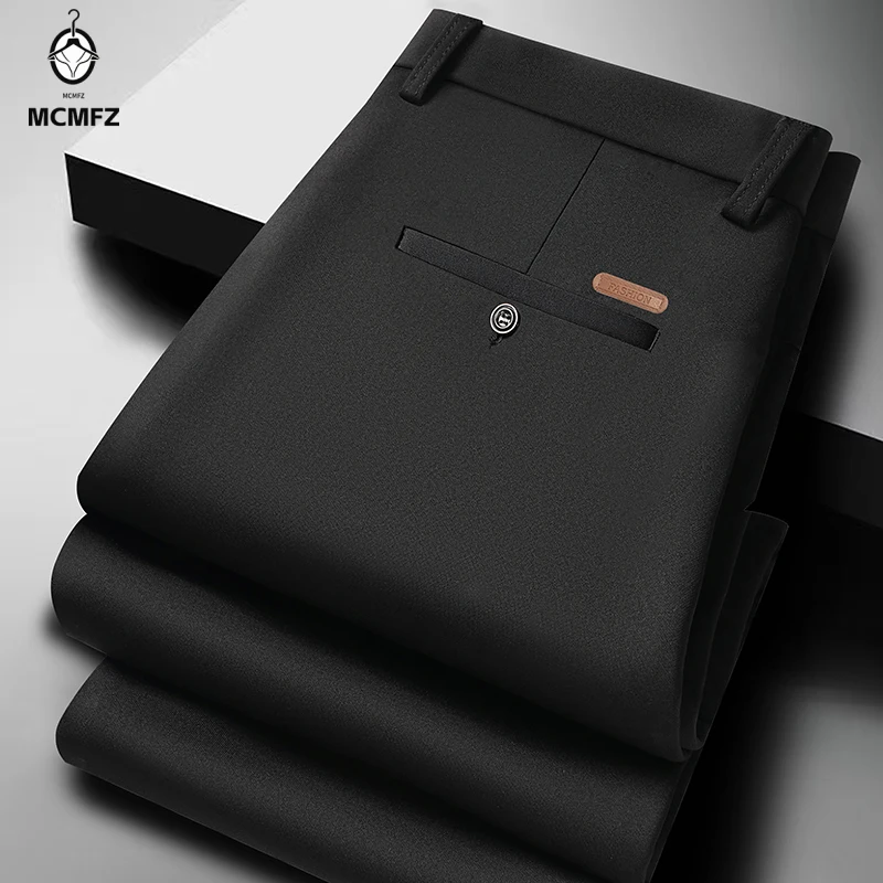 Smooth Woven Male Work Pants Wrinkle Free Straight Silhouette Leather Tag Back Button Pocket Office Casual Long Slacks