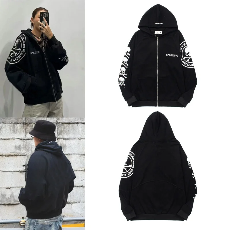 

ALIZ VIBE PROJECT Винтажная толстовка с капюшоном на молнии с изображением черепа, длинная толстовка на молнии с капюшоном цвета све...