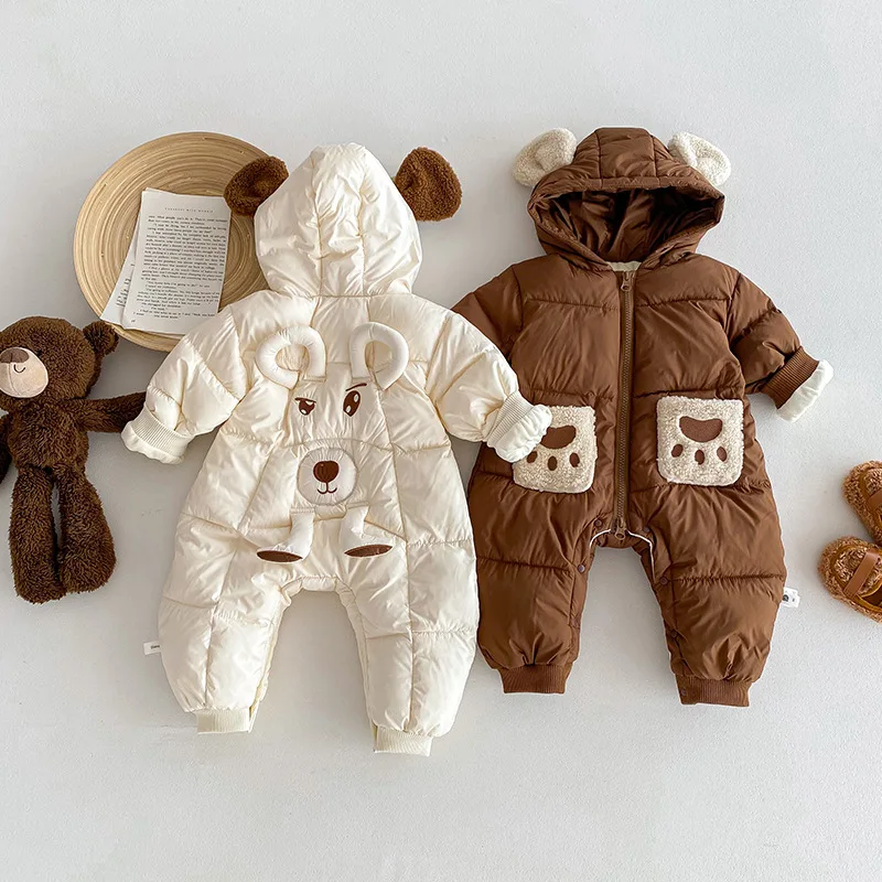 Winter Korean 0-2 Years Baby Boys Onesies Hooded Cotton Clipped Thickened Cartoon Warm Infant Boys Bodysuit Newborn Boy Jumpsuit