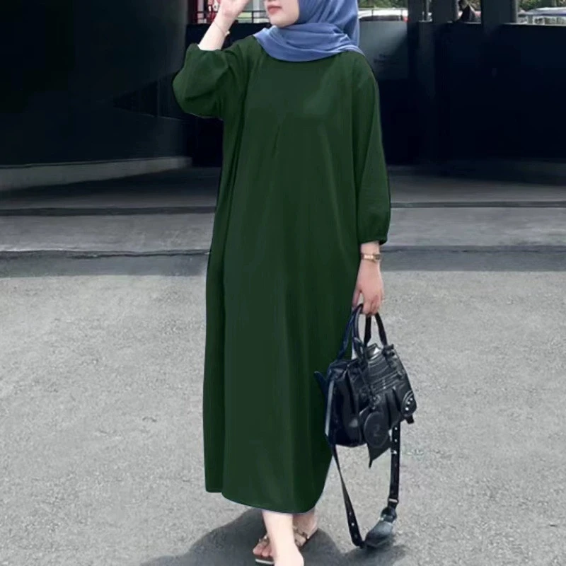 Middle Eastern Muslim Luxury Fashion New Women's Bubble Sleeve Solid Color Tank Top Robe Women's Casual Loose Long Dress