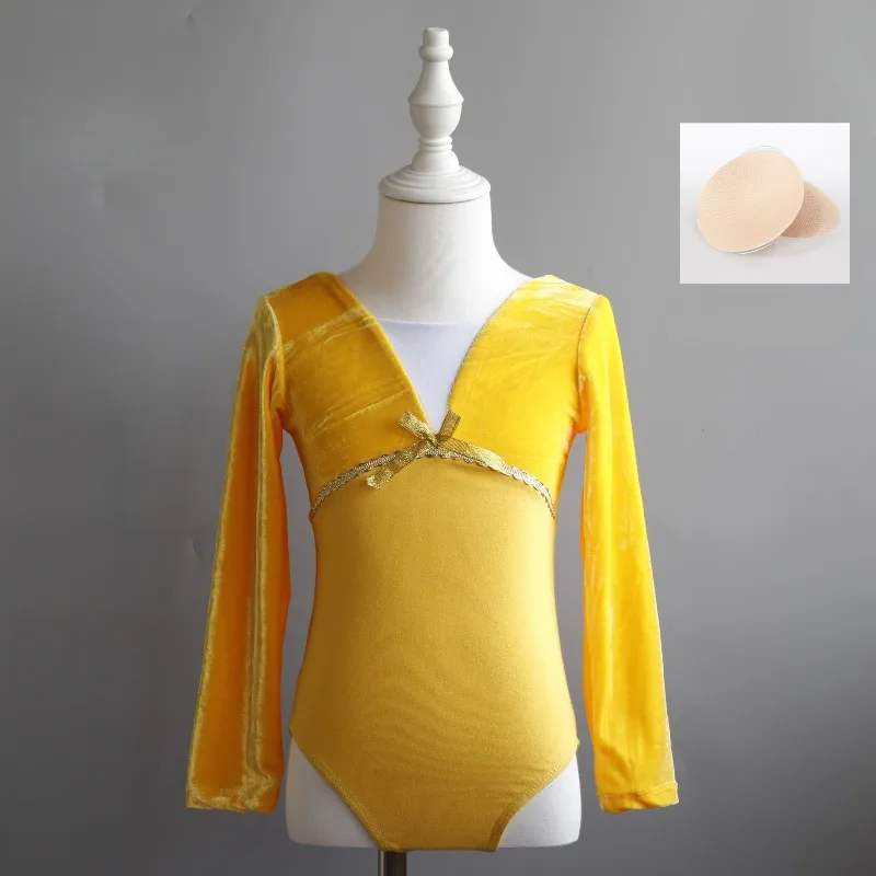 Ballet Leotard Long Sleeve V Neck Gold Trim Insertable Chest Pad Warm Autumn Winter Gymnastics Training Recital Dance Bodysuit