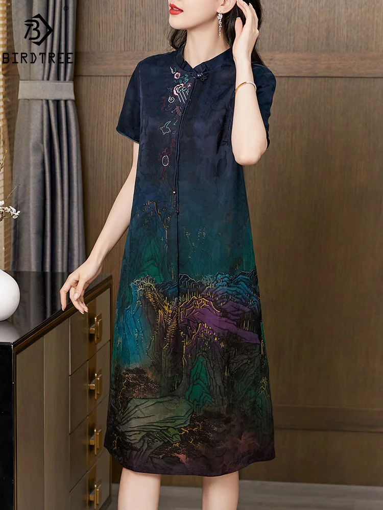 BirdTree, Watered Gauze Silk Elegant Dresses, Women Short Sleeve Embroidery, Commute Retro OL Dress, 2024 Summer Autumn D47112QM