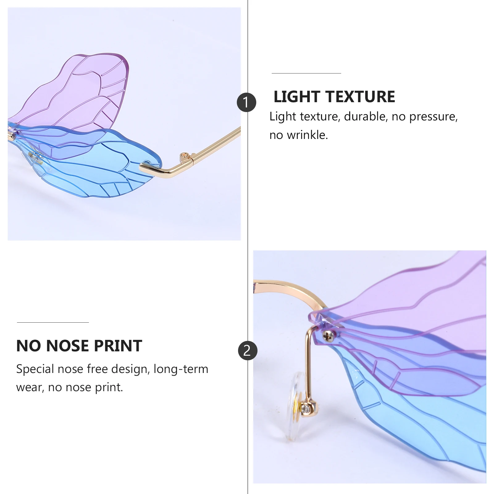 

1 Pair Dragonfly Wing Sunglasses Rimless Irregular Shape Durable Metal Frame Lightweight For Party Street Photo Travel Outdoor