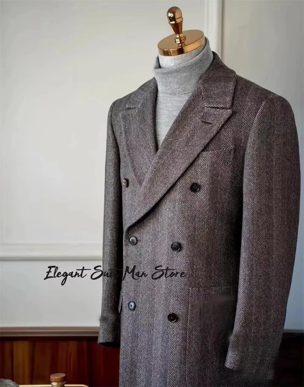 Langer Business-Mantel für Herren aus italienischer Fischgrätenmuster, Herbst-Winter, zweireihig, klassische Anzüge, lange Mäntel