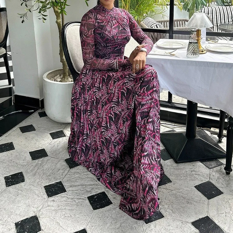 

Повседневное длинное платье в пол с длинными рукавами, винтажное, с принтом, приталенное, плиссированное, вечернее, весна-лето, новое, женское, с завышенной талией, для отпуска