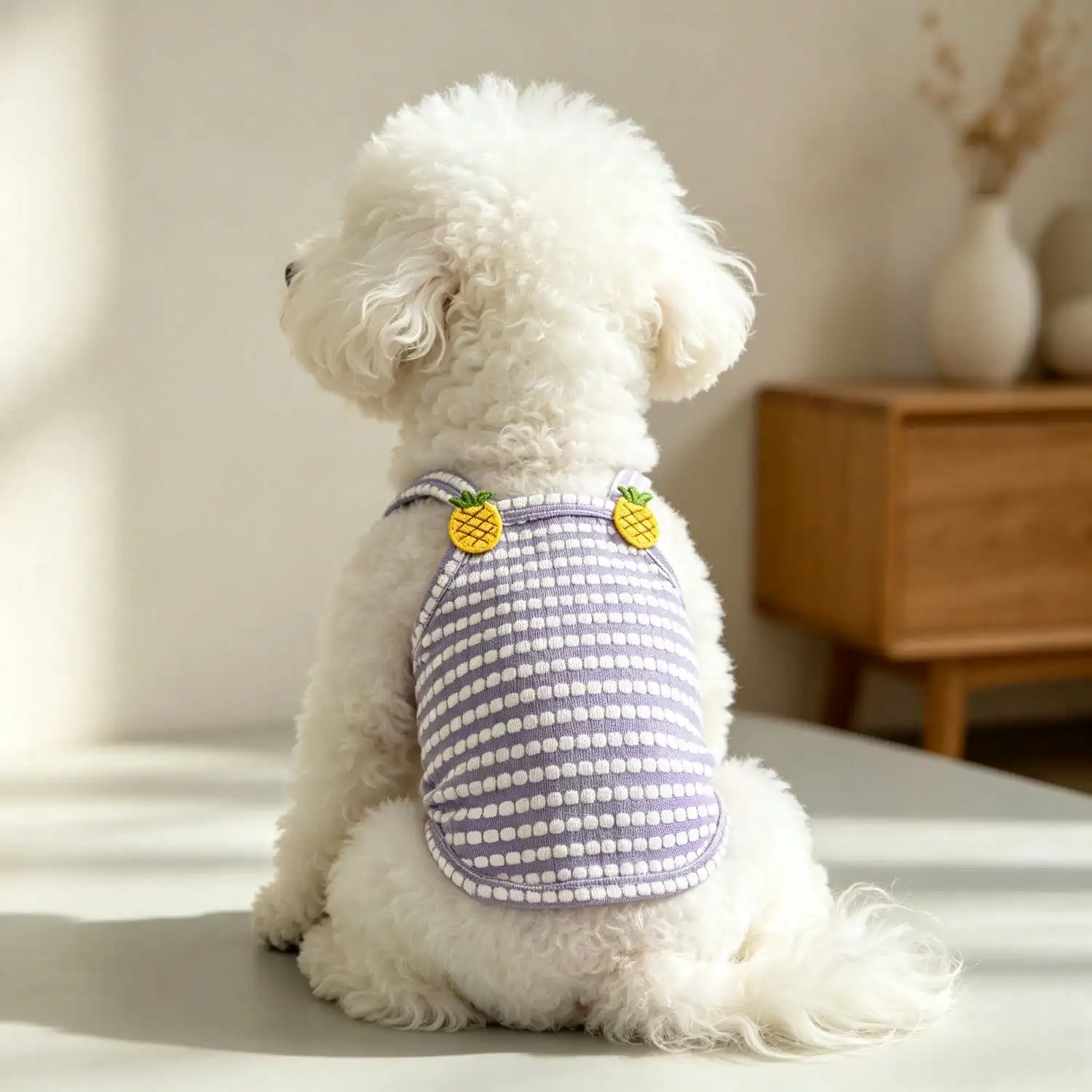 1 Stück gestreiftes Strick-Hundetanktop mit 3D-Frucht-Blumen-Ornament, atmungsaktive Welpenweste für kleine Hunde – Detail 14