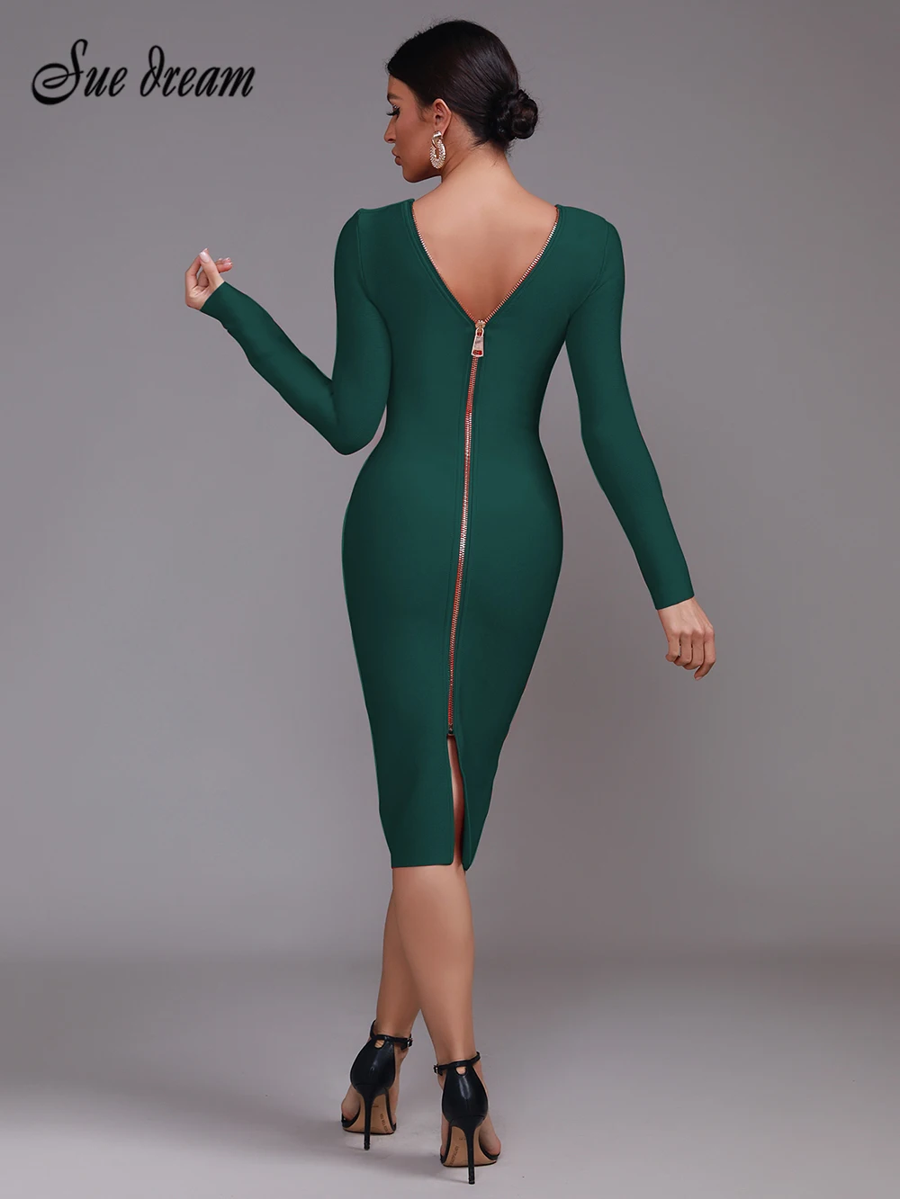 Summer 2021 New Women's Fashion Sexy Two Ways To Wear Zipper Design Long Sleeve Bandage Dress Bodycon Celebrity Party Club Dress