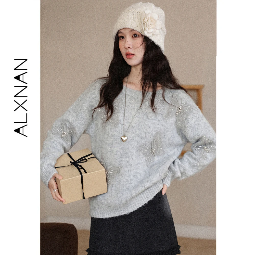 ALXNAN Grey Knit Sweater Women 2026 Autumn 3D Butterfly Elegant Crew Neck Pullover Fashion Casual Loose-fit Female Top L681111A