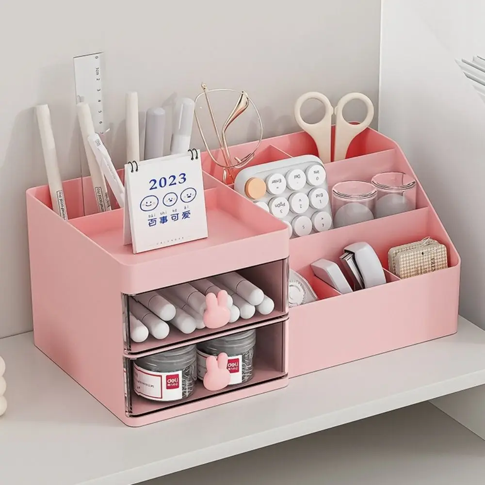 

10 Compartments Desktop Stationery Storage Box 2 Drawers Large Capacity Makeup Storage Case Cute Bunny Decorative
