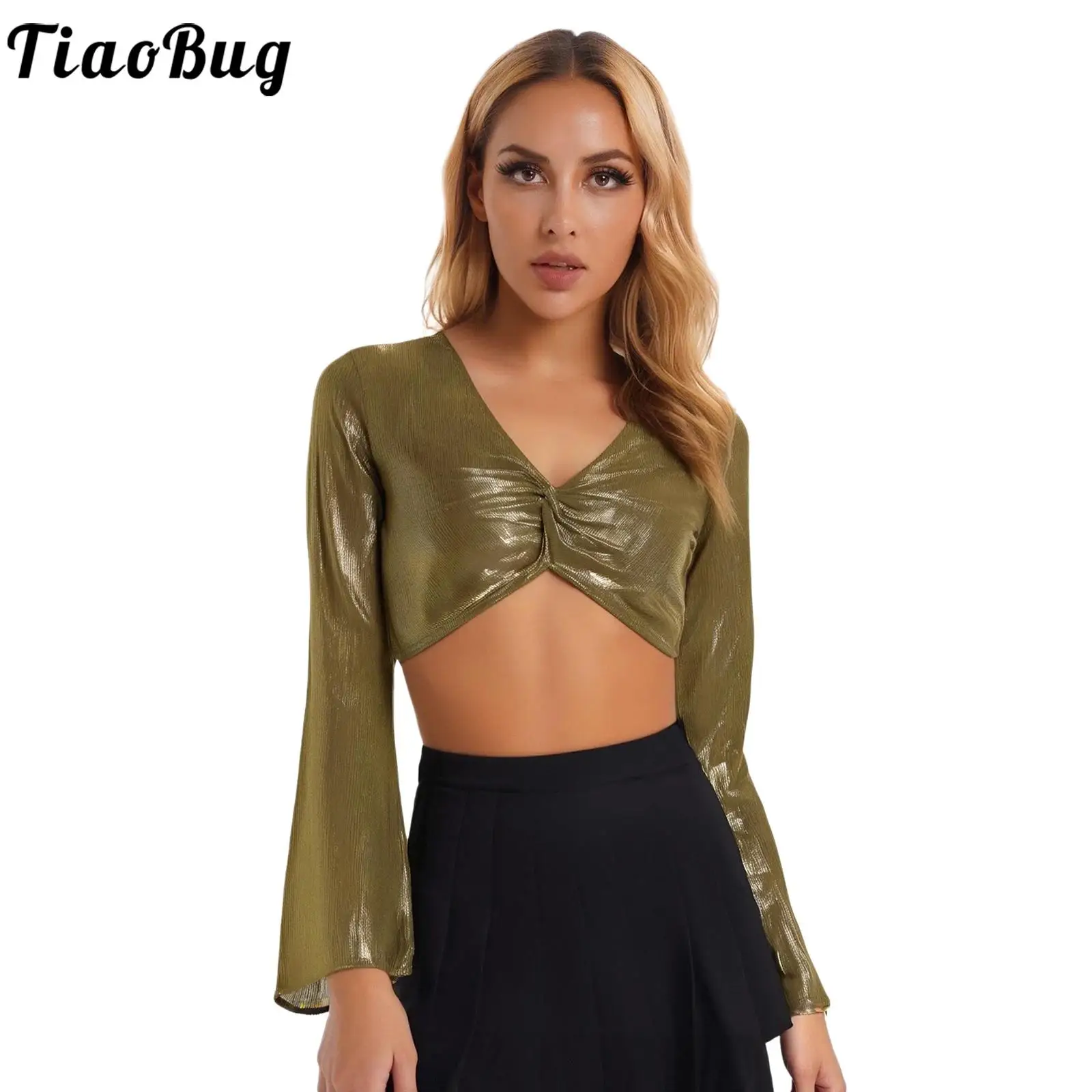 

Women Metallic Shimmery Belly Dance Costume Cropped Shirt Sexy V-neck Flare Sleeve Ruched Top for Stage Performance Clubwear