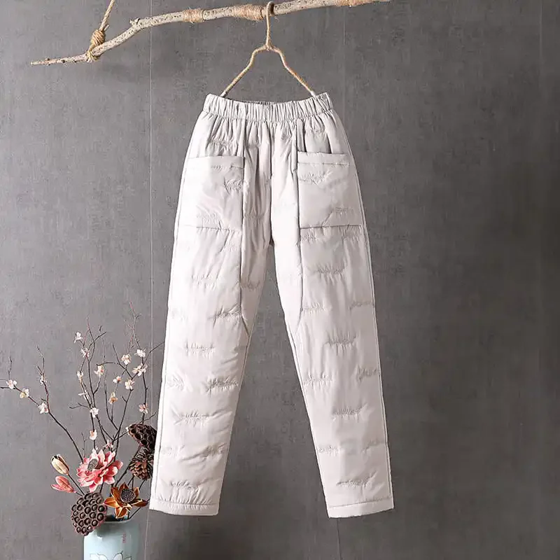 2026 moda cintura elástica calças de algodão feminino inverno bolsos soltos calças retas quentes mulher cintura alta engrossar calças de algodão