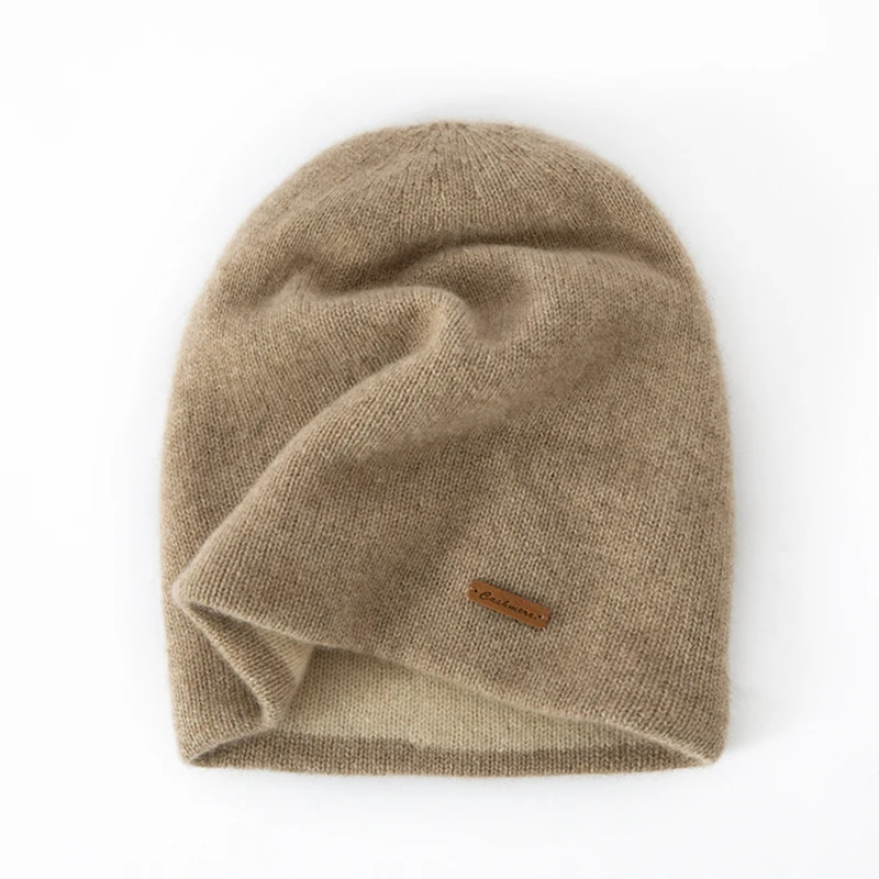 النساء 100% الكشمير الخالص قبعة صغيرة مترهل نمط طبقة مزدوجة متماسكة شتاء دافئ لينة Skullies قبعة الطقس البارد التبعي #1