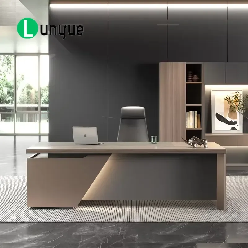 L Shaped Office Desk with Large Capacity Storage Side Cabinet Modern Wooden Boss Desk Durable Waterproof Computer Workstation