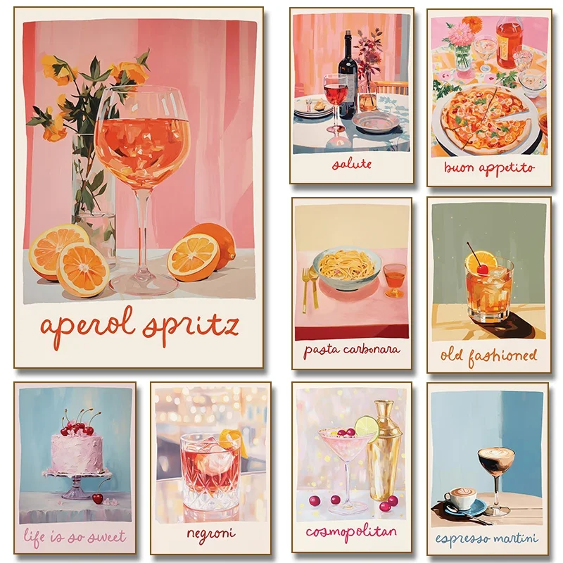 Multiple sizes 1pc frameless Canvas Painting,Aperol Spritz Pizza and Wine Negroni  Cocktail Poster, Trendy Bar Canvas Painting P