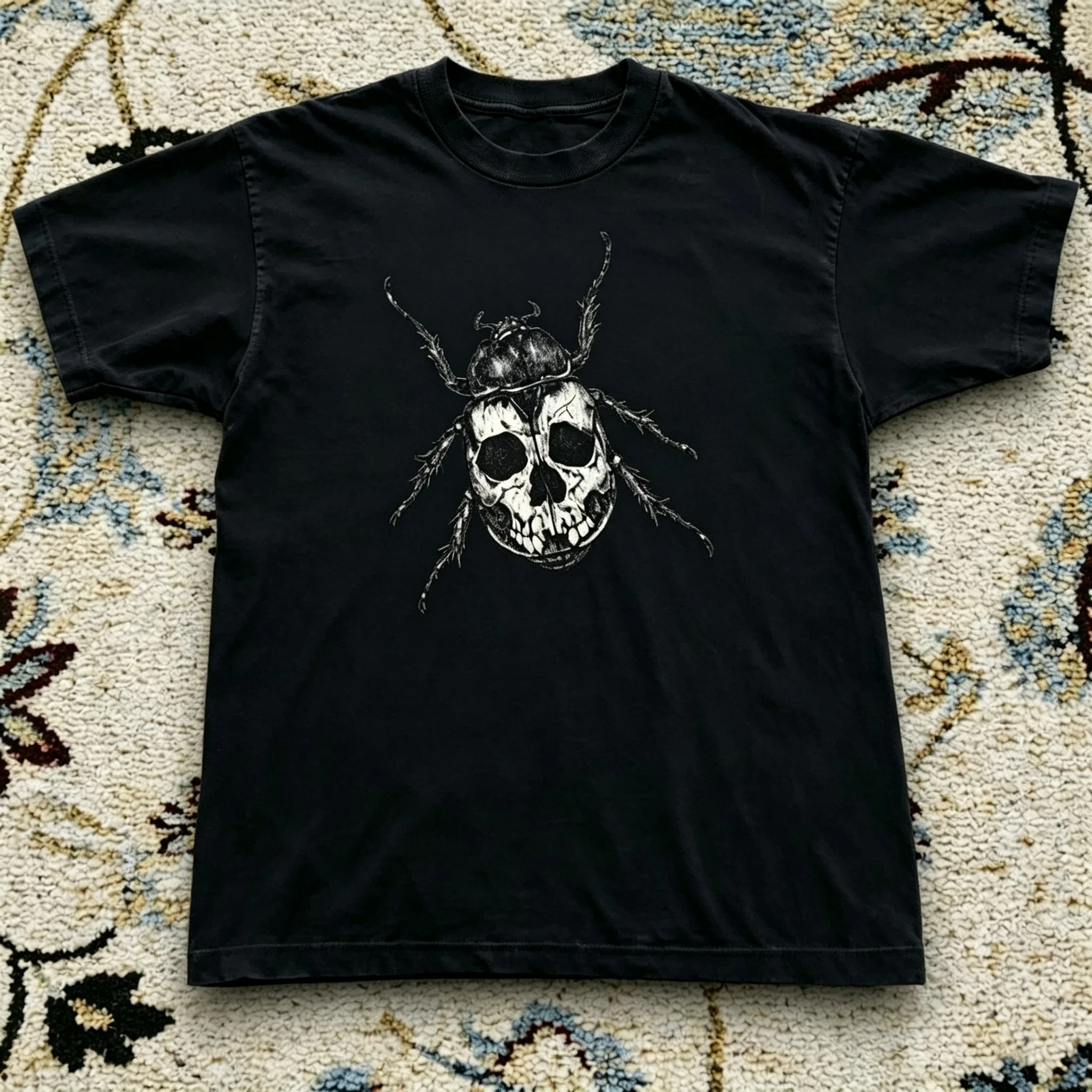 Dark Skull Beetle Graphic Tee Round Neck Short Sleeve Loose Casual Retro Print Street Style