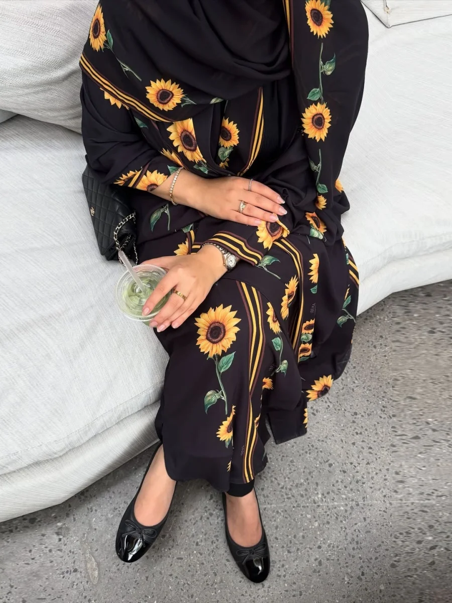 Mulheres muçulmanas dubai abaya girassol impressão quimono cardigan luxo preto vestido longo modesto kaftan robe femme roupas islâmicas