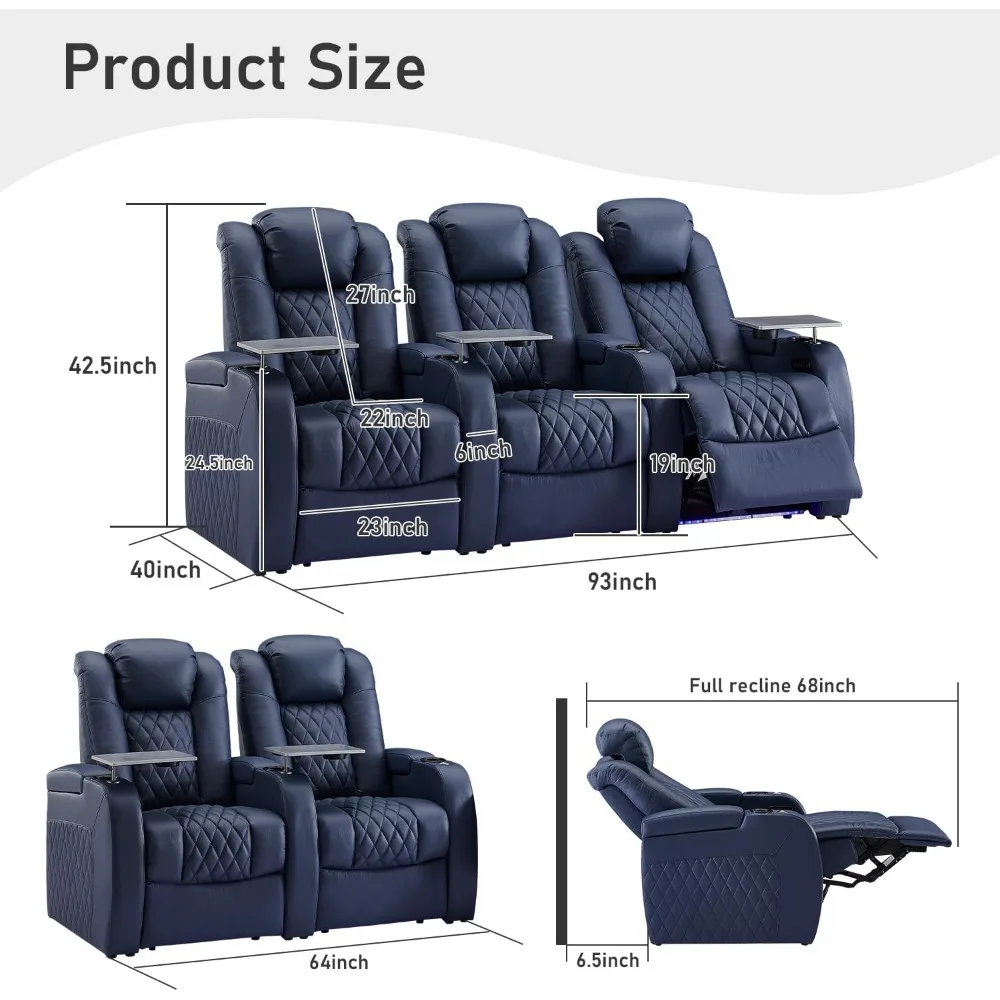 Power Recliner Sofa Set Top Grain Leather 3 Piece Sectional with USB Tray Table