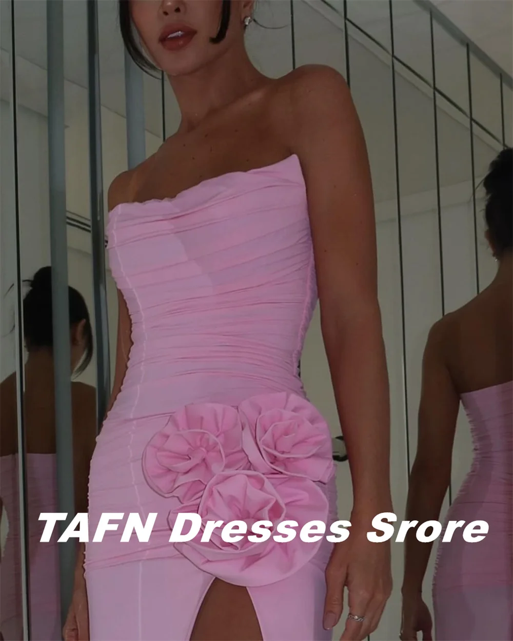 TAFN-vestidos de Noche formales sin tirantes, vestido de fiesta largo, plisado, flores, abertura lateral alta, rosa, Sexy