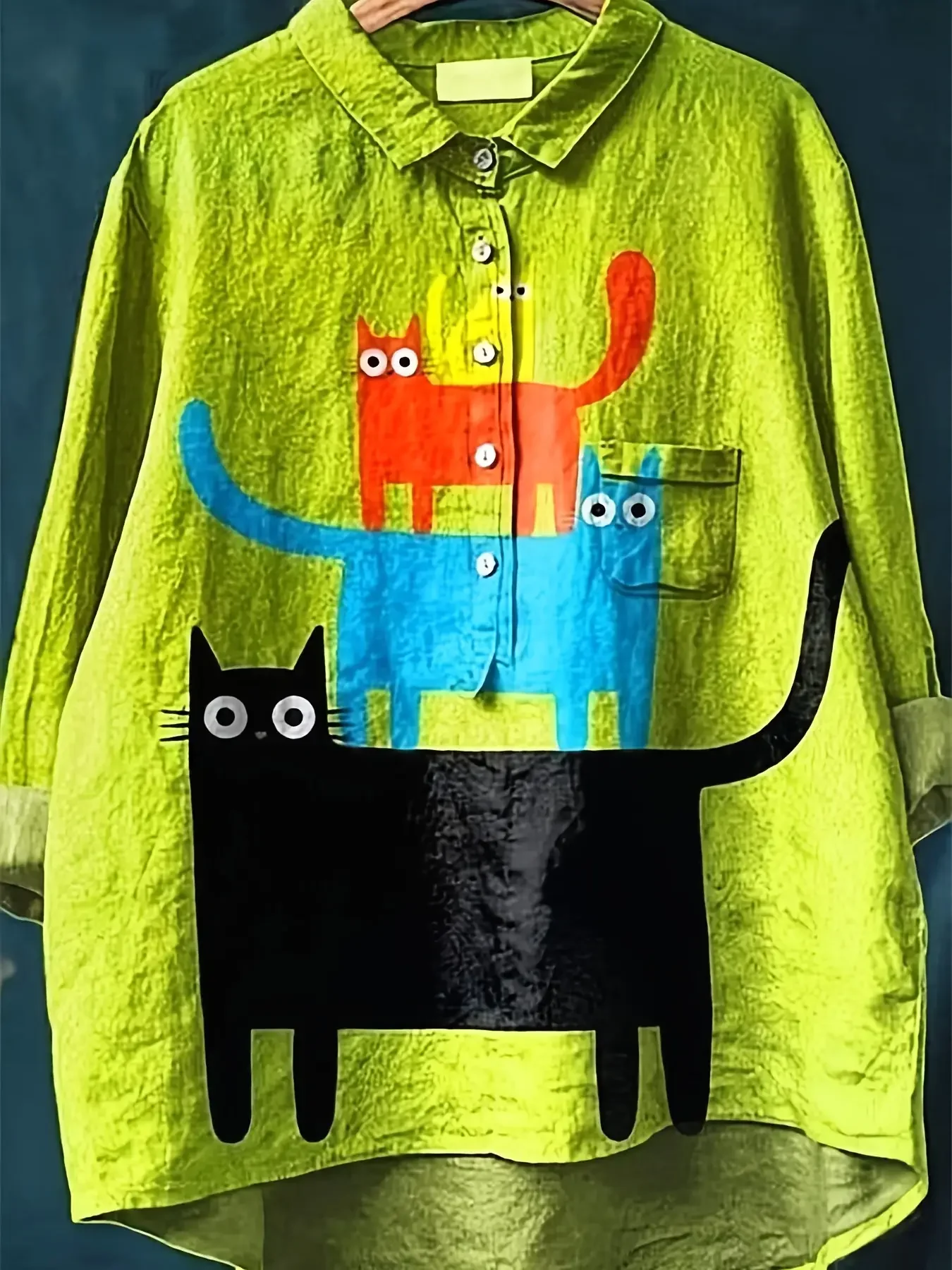 

2206 Stacked toy cat pattern Women's Printed Collar Shirt - Oversized Loose Long Sleeve Top with Asymmetric Hem