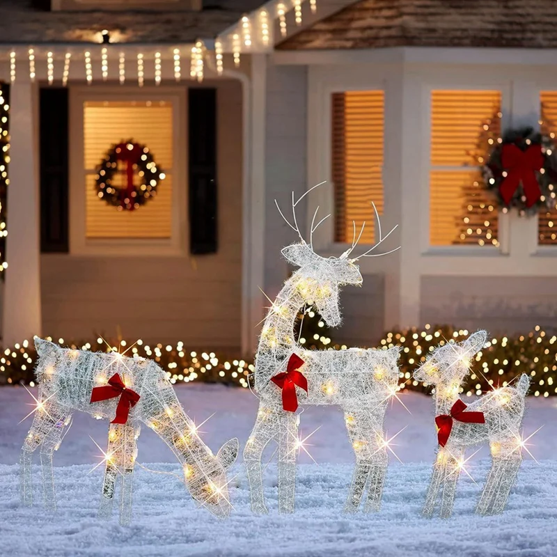 3 Piece Lighted Christmas 2D Reindeers Outdoor Decorations Metal Pre-Lit Light Up Xmas Rudolph & Santa Sleigh With Lights