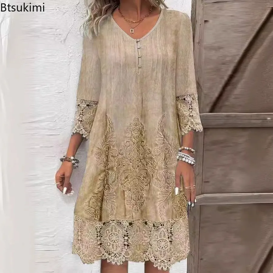 New 2024 Women's Casual Lace Dress Spring Summer Fashion Button Front Elegant Loose Dress Solid Holiday Beach Robe Dress Female