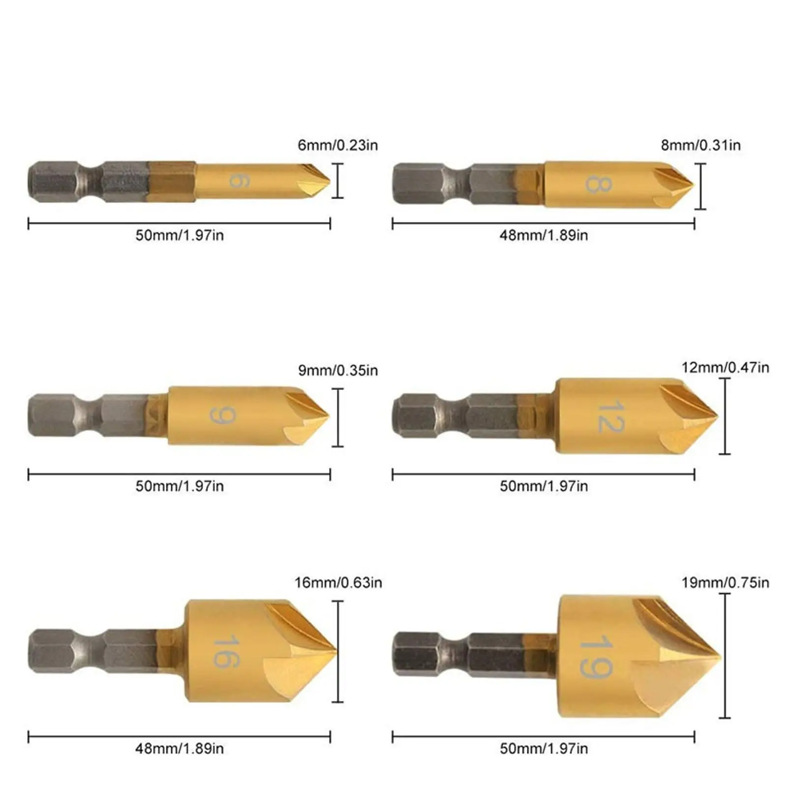 6 buah Set mata bor Countersink dengan casing, mata bor Hex Shank perubahan cepat HSS 5 Flute Countersink 90 derajat Center Punch 6 buah